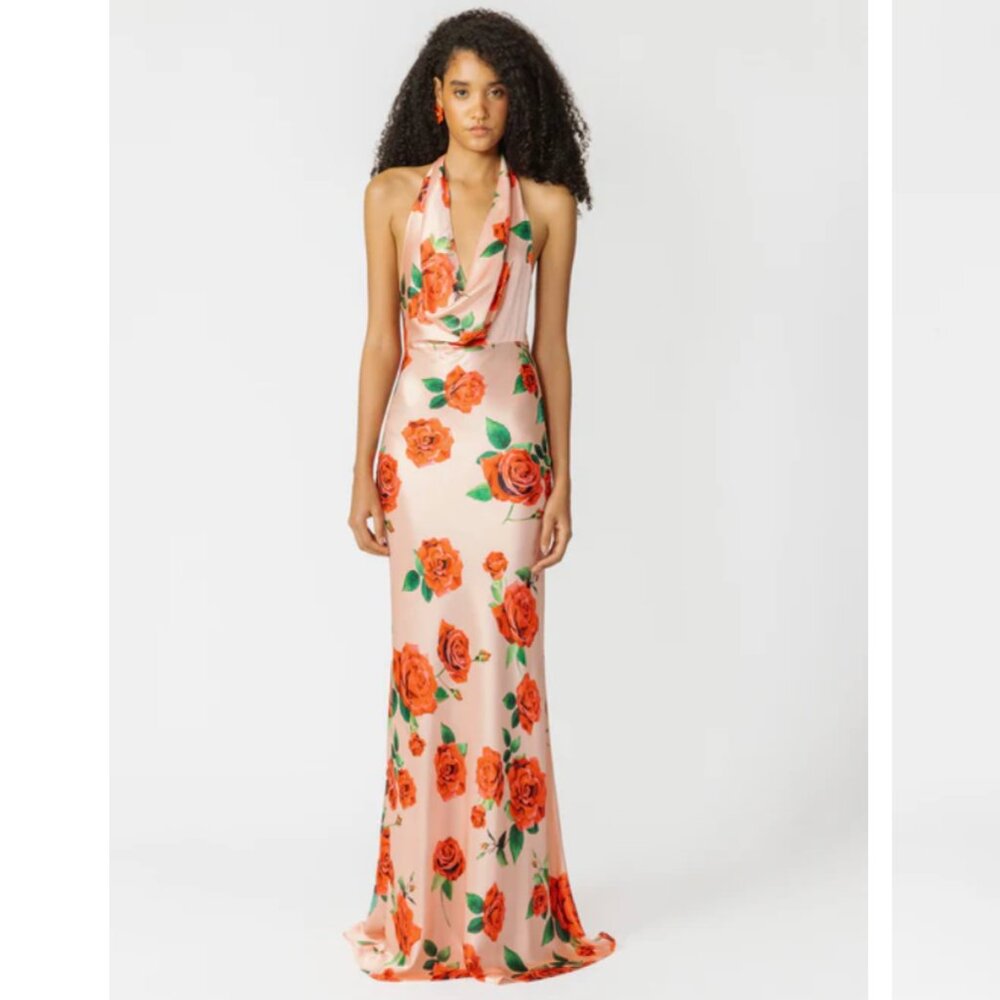SAU LEE: Presley Satin Gown Peach Multi